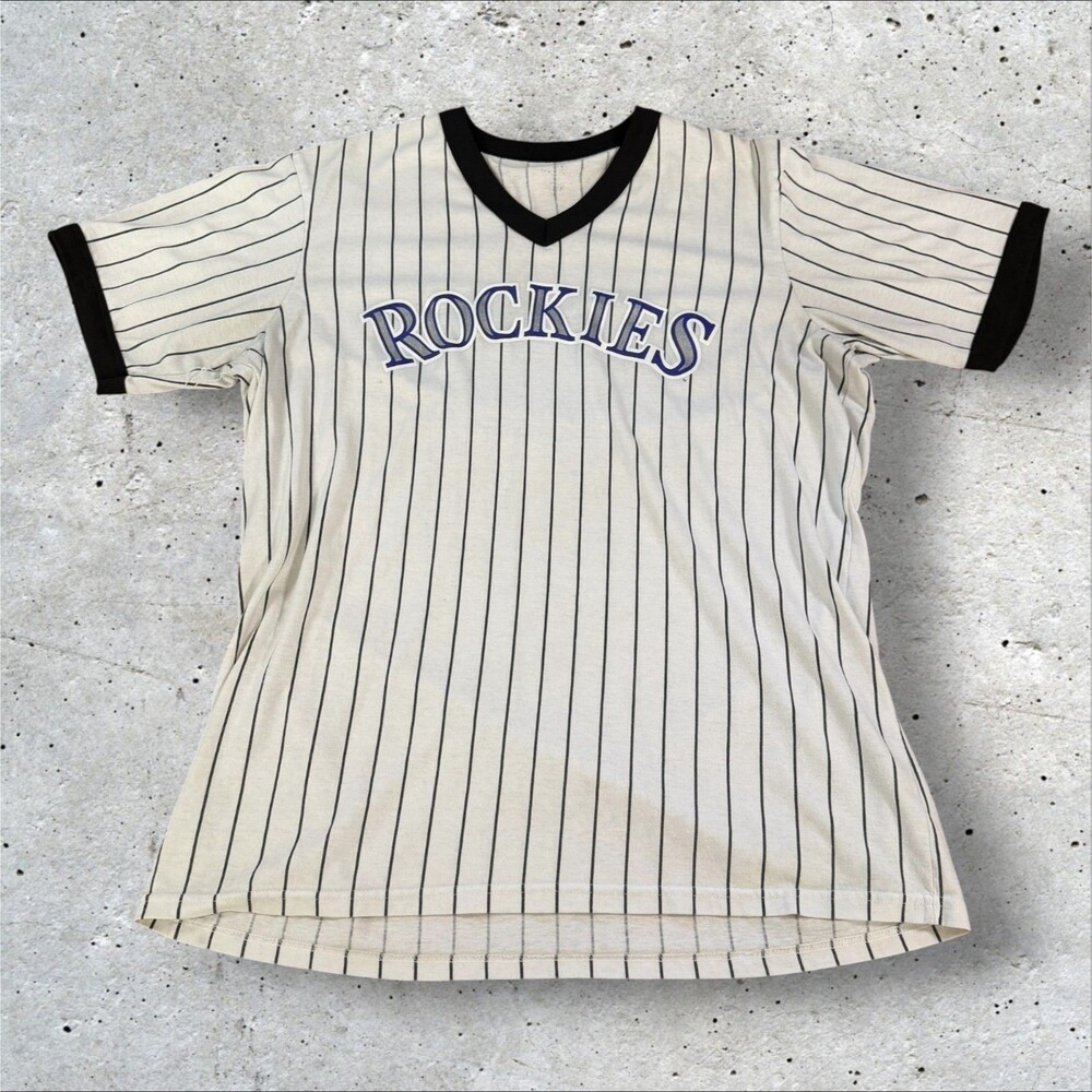 Colorado Rockies Majestic Pinstripe MLB V Neck Jersey T-Shirt Large